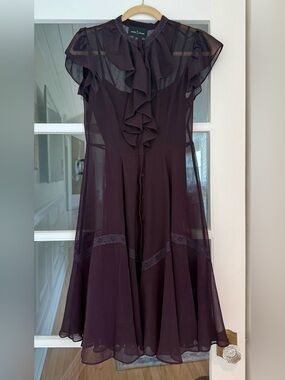 Needle & Thread Aubergine Chiffon Ruffle Lace Trim Fit Flare Dress US 4